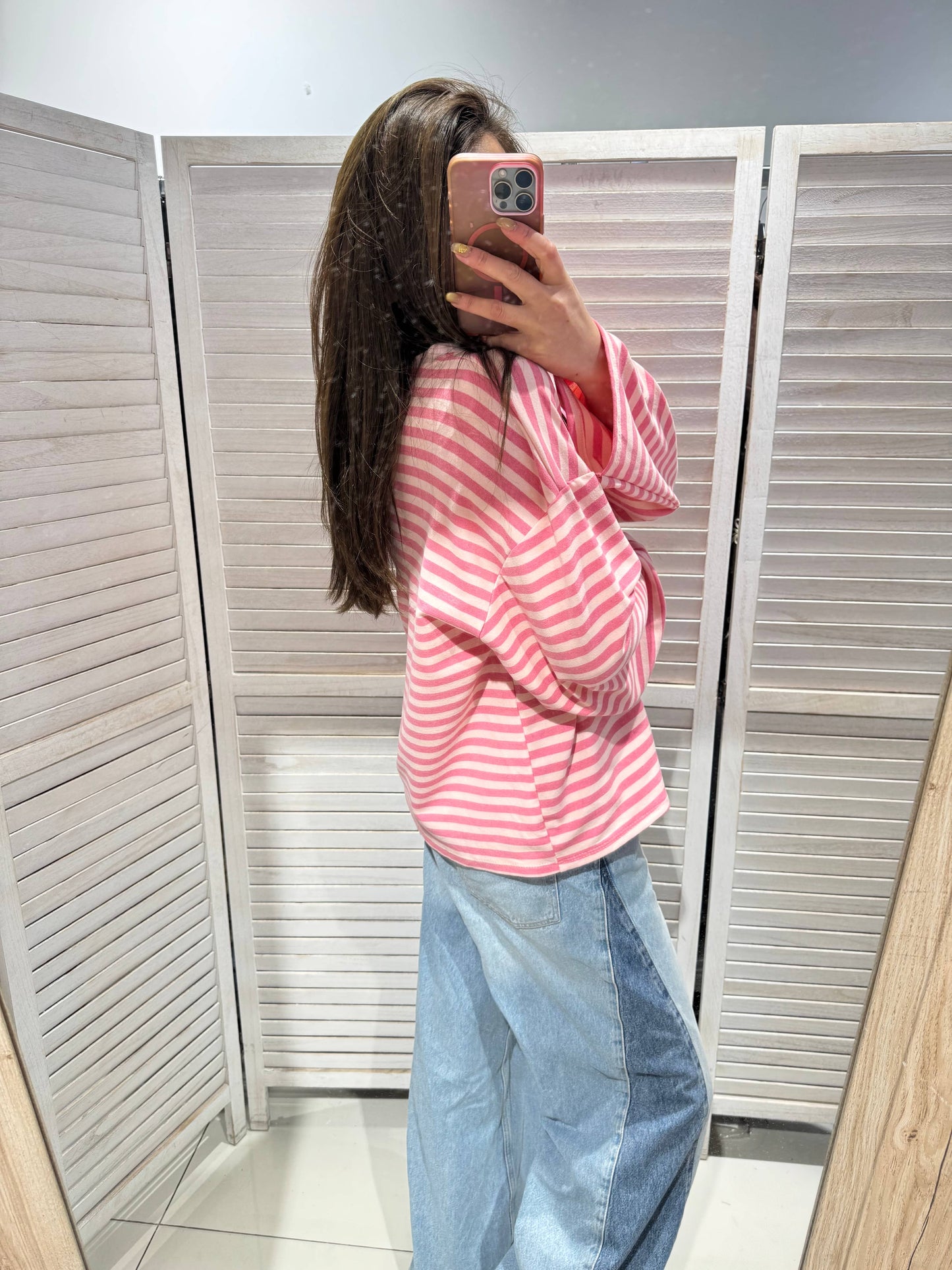 Gestreiftes T-Shirt mit weiten Ärmeln: Rosa / Eine Größe