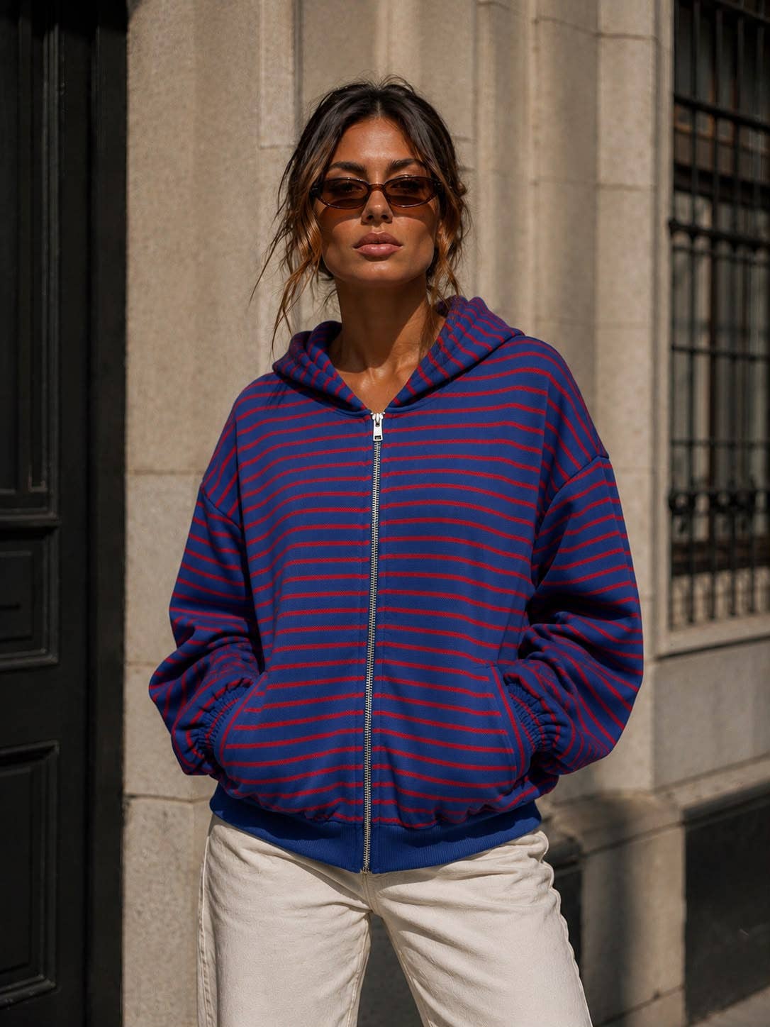 Damen-Kapuzen-Sweatshirt mit Reißverschluss – Streifen & Oversize-Schnitt: Bordeaux / SM