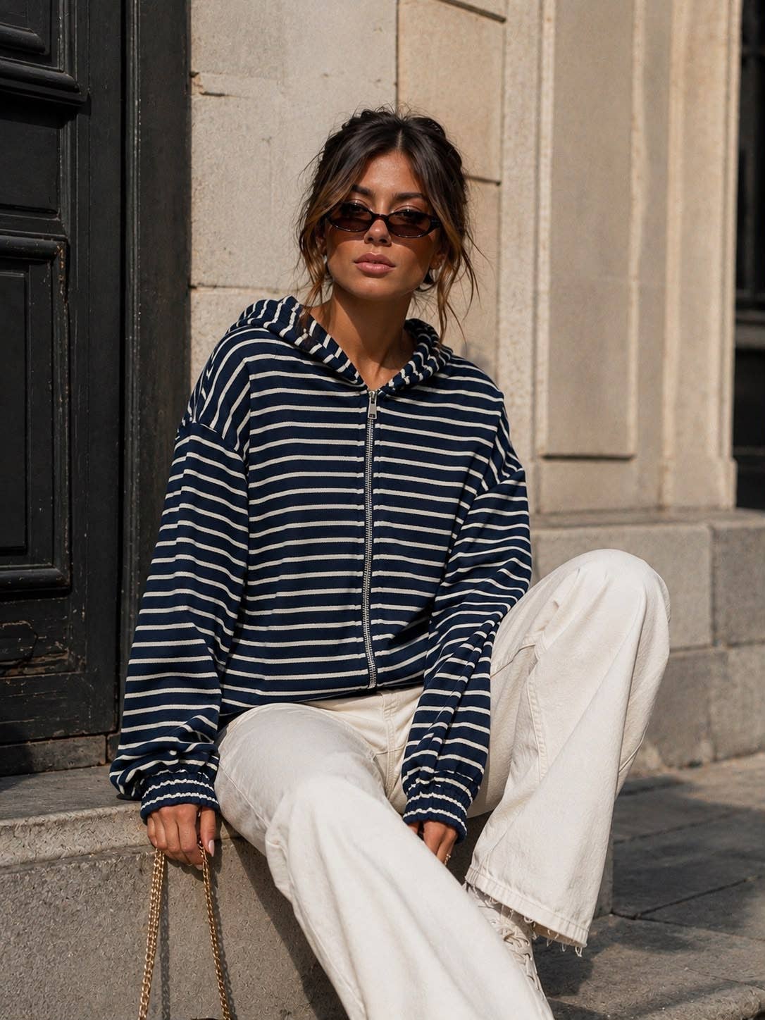 Damen-Kapuzen-Sweatshirt mit Reißverschluss – Streifen & Oversize-Schnitt: Bordeaux / MILILITER