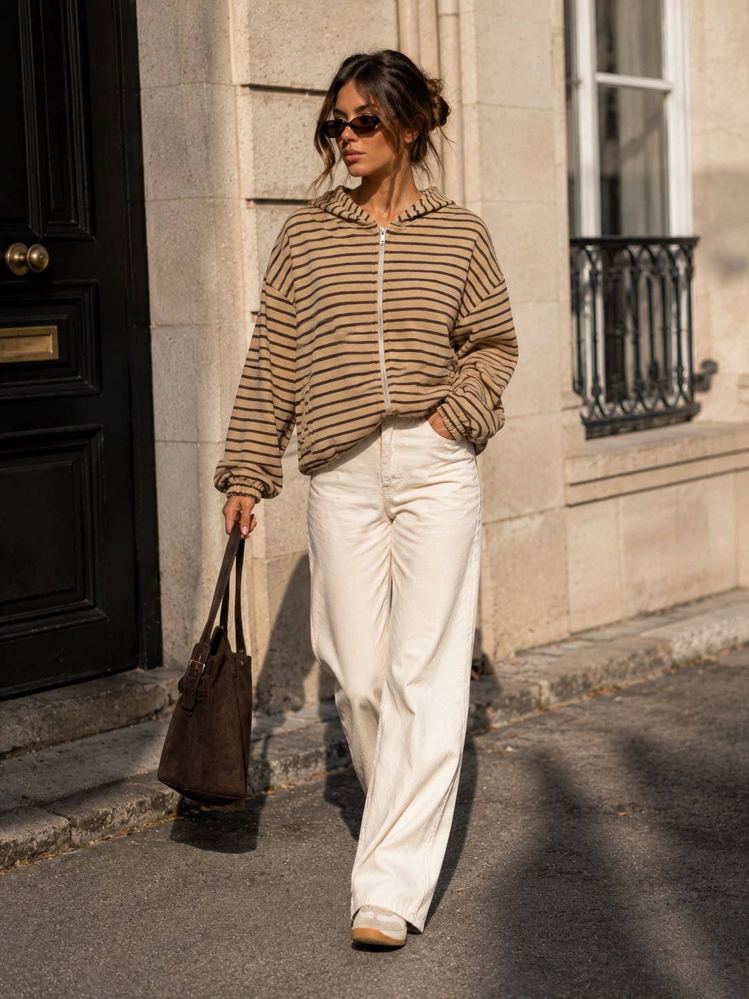 Damen-Kapuzen-Sweatshirt mit Reißverschluss – Streifen & Oversize-Schnitt: Bordeaux / SM