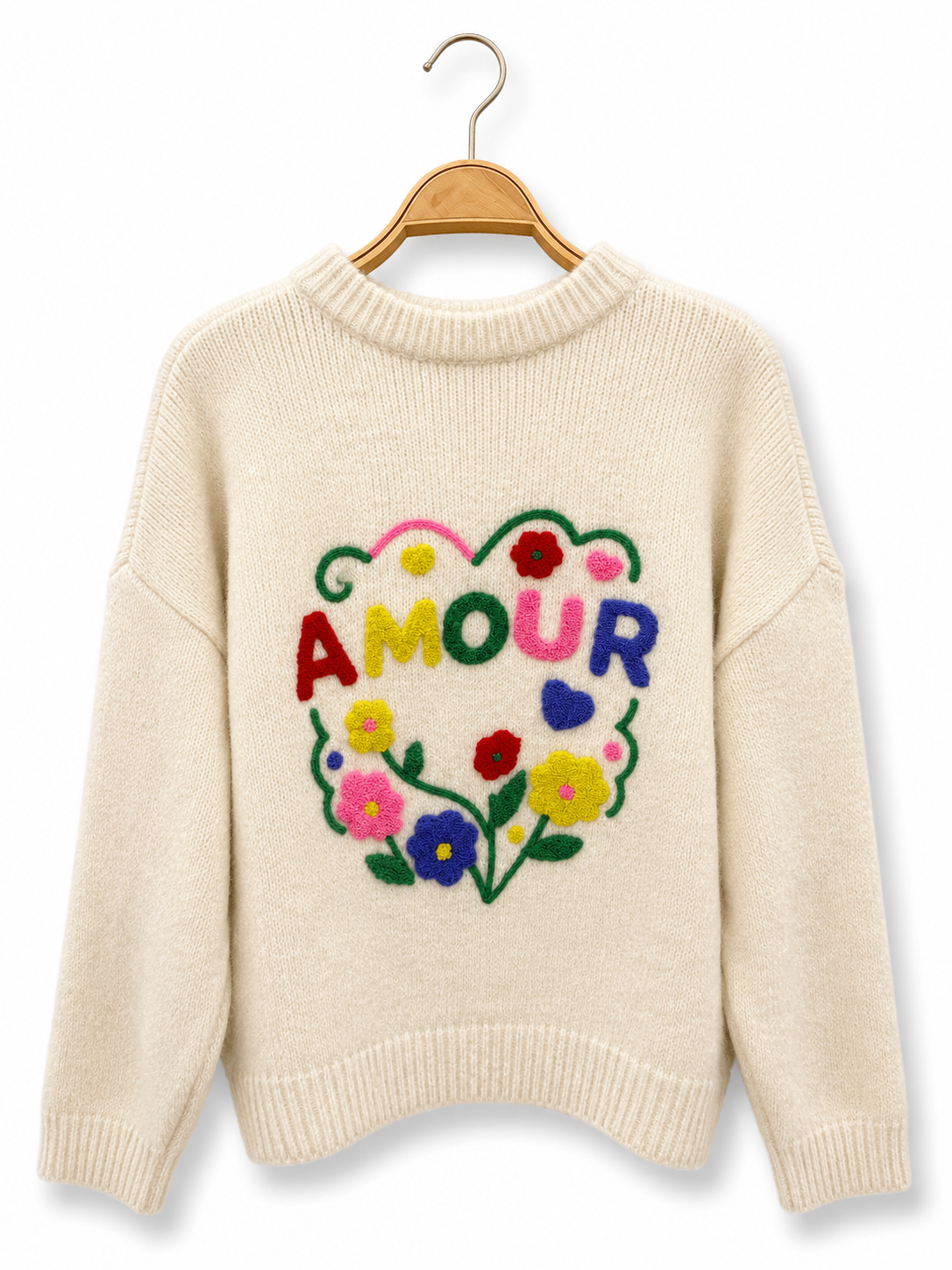 Strickpullover „AMOUR“ – florale Stickerei auf dem Rücken AP200: Bleu / Standard / Taille unique