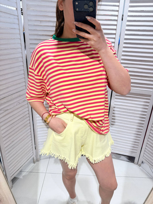 Gestreiftes T-Shirt mit Rundhalsausschnitt: Fuchsie / SIE
